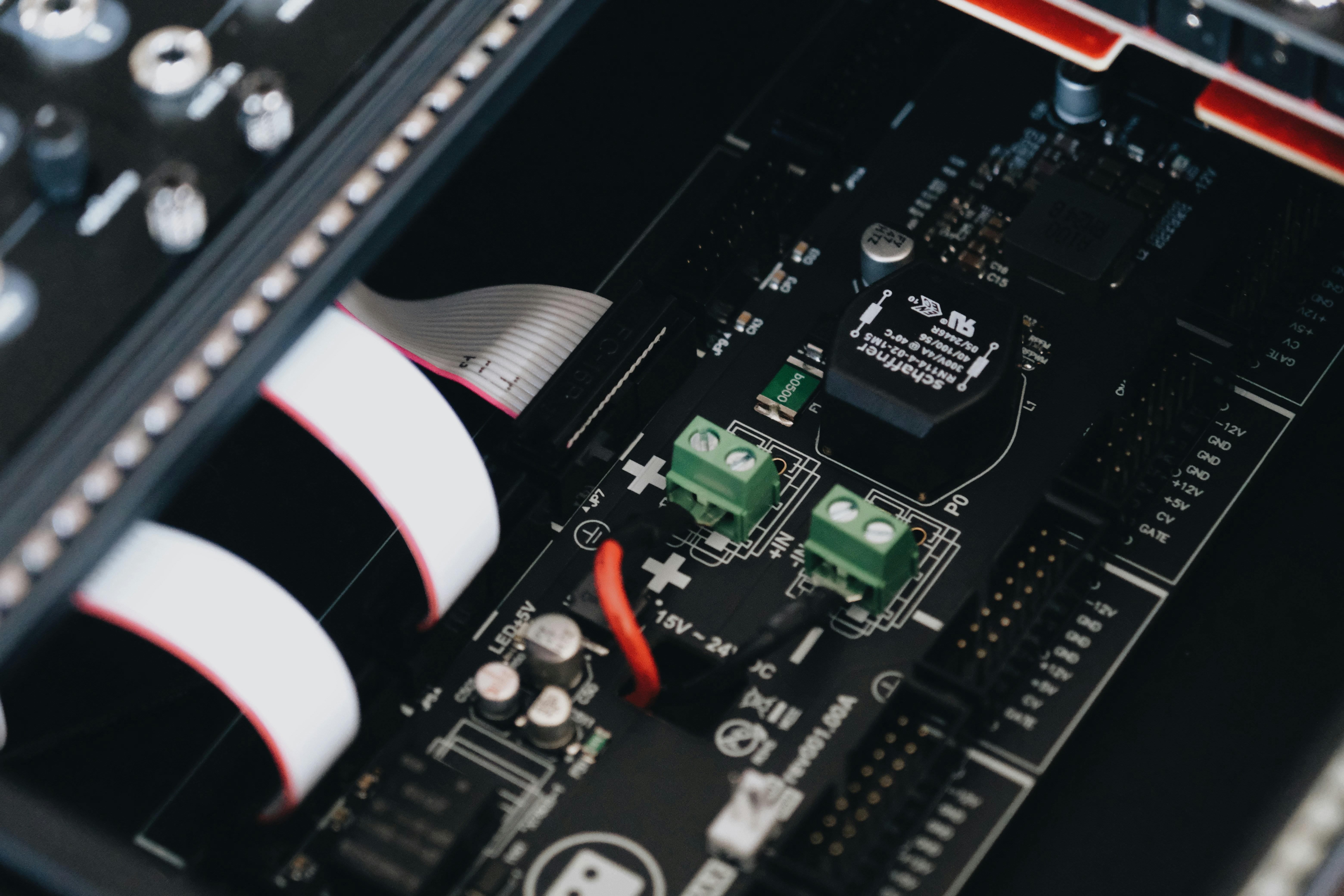 Close-up of appliance electronics and control components